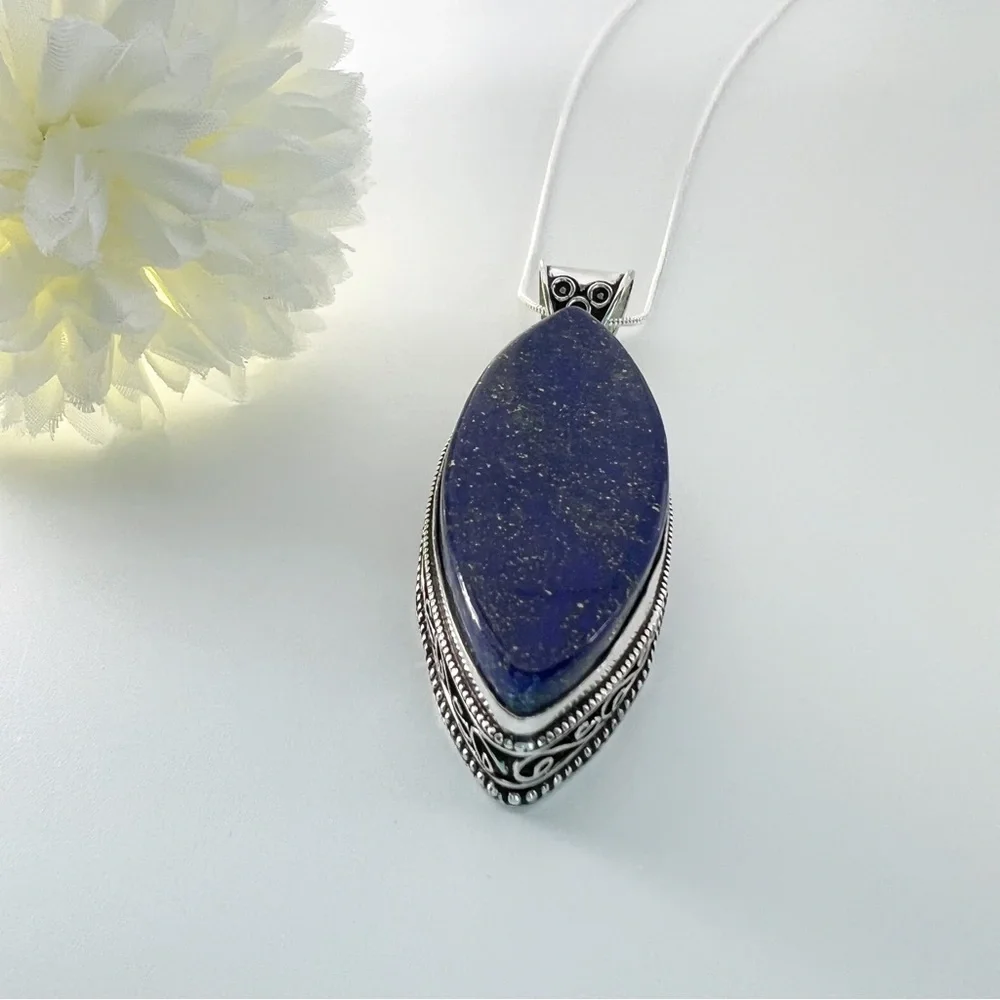 Large Lapis Lazuli Pendant Necklace Sterling Silver 925 Marquise Vintage Antique - Picture 11 of 11